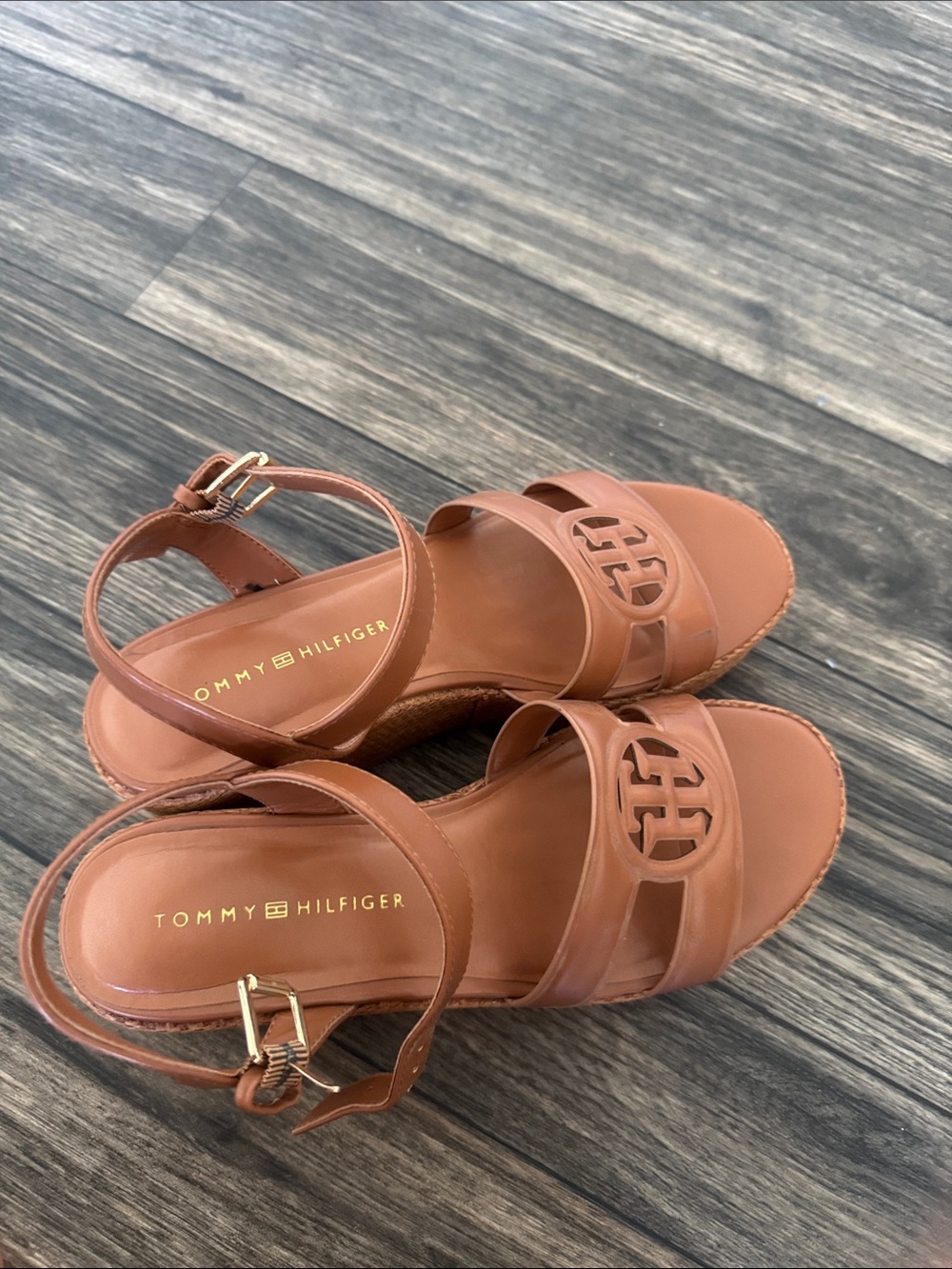 Tommy Hilfiger Tan Leather Logo Strap Platform Sandals